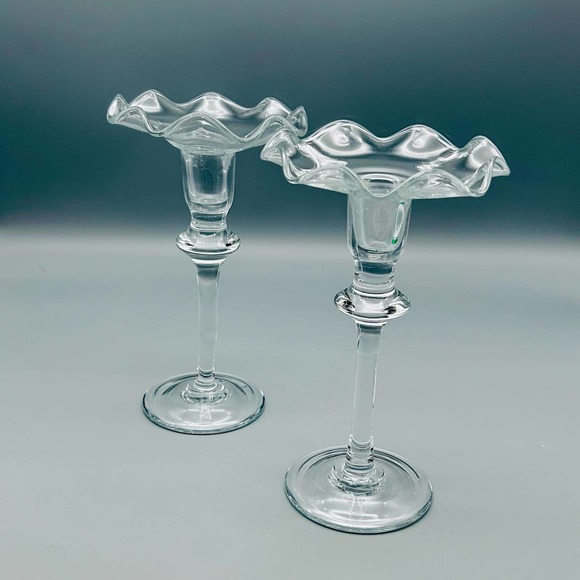 Art Glass Ruffled Taper Long stem Candlesticks 2 Piece - Picture 2 of 7